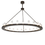 Loxley 24-light circular chandelier lit, featuring seeded glass cylinders and timeless bronze ring frame.