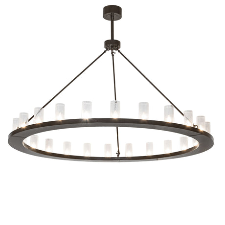Loxley 24-light circular chandelier lit, featuring seeded glass cylinders and timeless bronze ring frame.