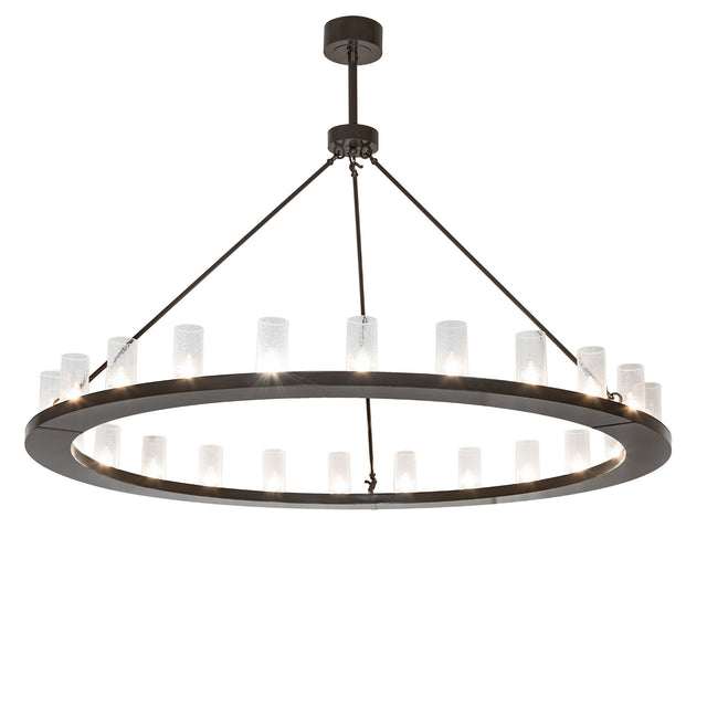 Loxley 24-light circular chandelier lit, featuring seeded glass cylinders and timeless bronze ring frame.