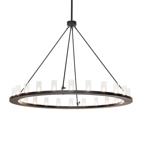 Lit view of chandelier, featuring 24 clear glass cylinders on a circular black metal frame.
