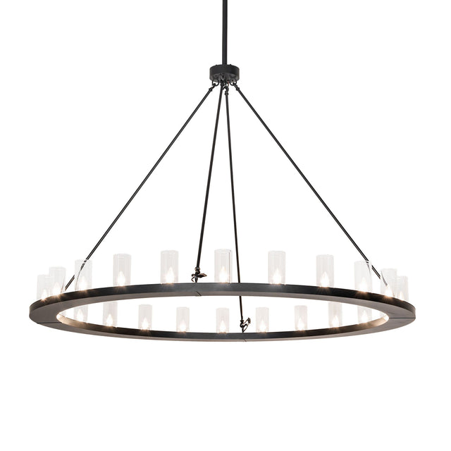 Lit view of chandelier, featuring 24 clear glass cylinders on a circular black metal frame.