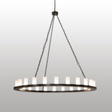 Lit view of 24 light chandelier with glowing frosted clear glass cylinder shades.