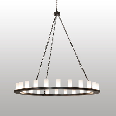 Lit view of 24 light chandelier with glowing frosted clear glass cylinder shades.