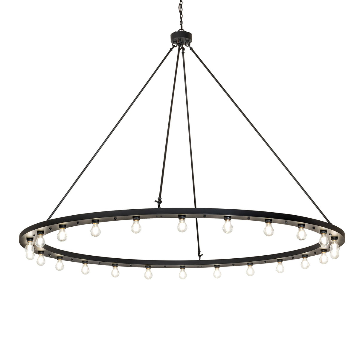 Lit view of chandelier, featuring a circular black metal frame with exposed Edison bulbs.
