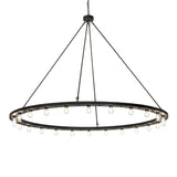 Lit view of chandelier, featuring a circular black metal frame with exposed Edison bulbs.