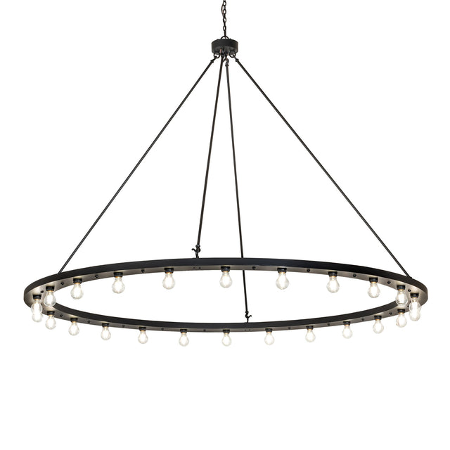 Lit view of chandelier, featuring a circular black metal frame with exposed Edison bulbs.