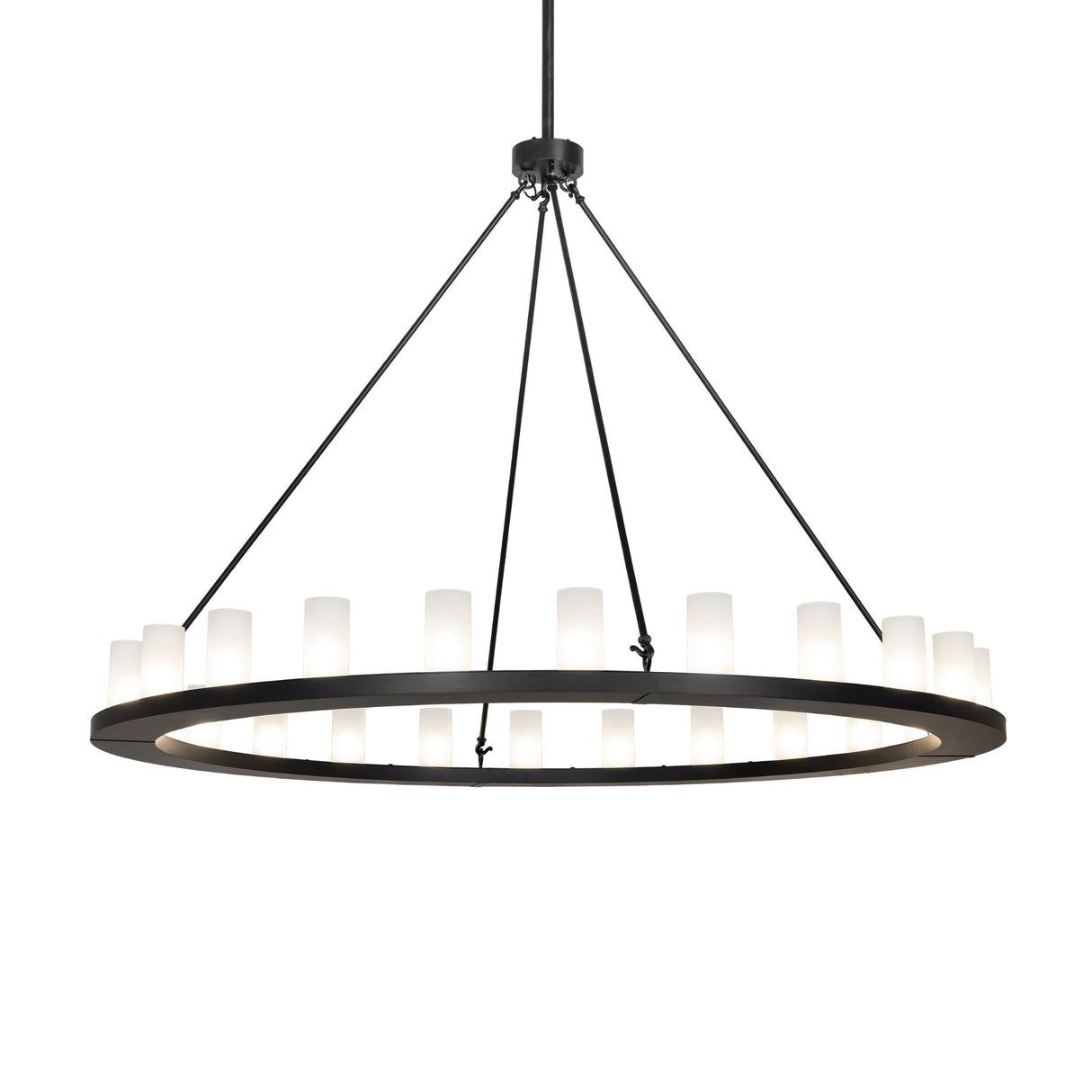 Lit view of 24 light chandelier illuminated with frosted glass cylinders.