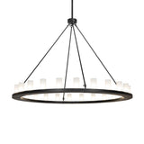 Lit view of 24 light chandelier illuminated with frosted glass cylinders.