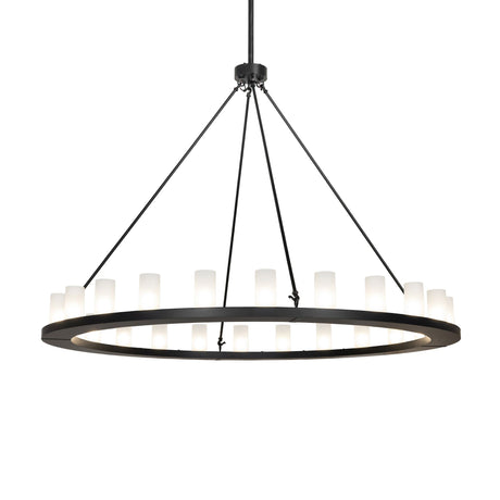 Lit view of 24 light chandelier illuminated with frosted glass cylinders.