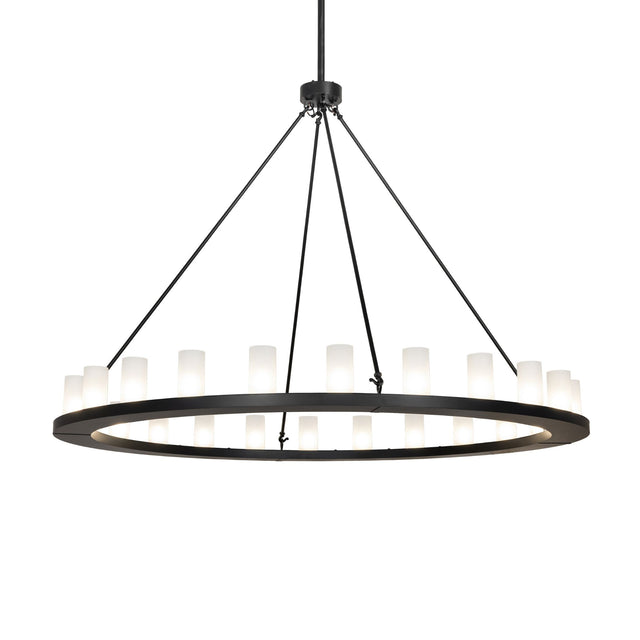 Lit view of 24 light chandelier illuminated with frosted glass cylinders.
