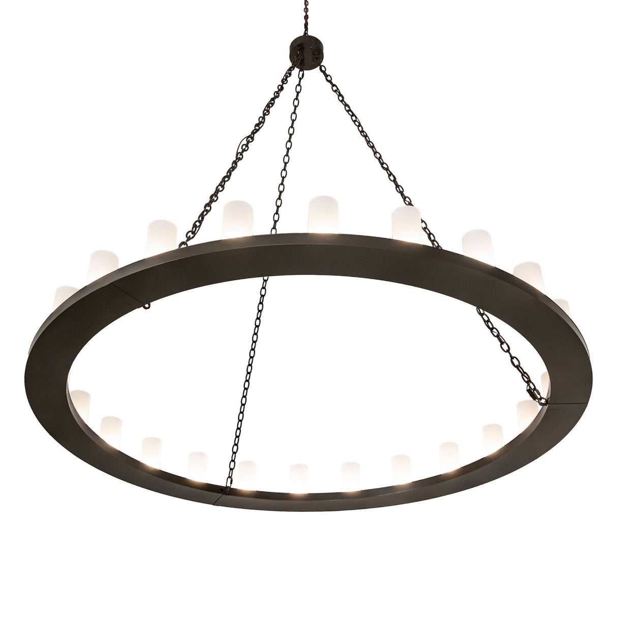 Lower angle view of chandelier highlighting bronze ring shape and frosted cylinder lights.