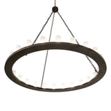 Lower angle view of chandelier highlighting bronze ring shape and frosted cylinder lights.