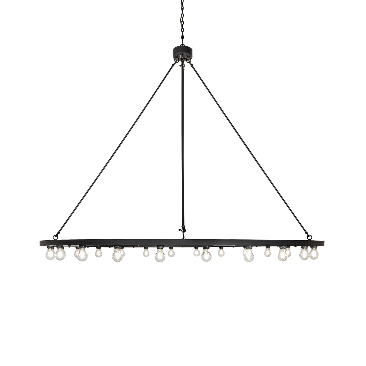 Side angle view of chandelier highlighting slim ring profile and suspension rods.