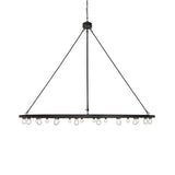 Side angle view of chandelier highlighting slim ring profile and suspension rods.