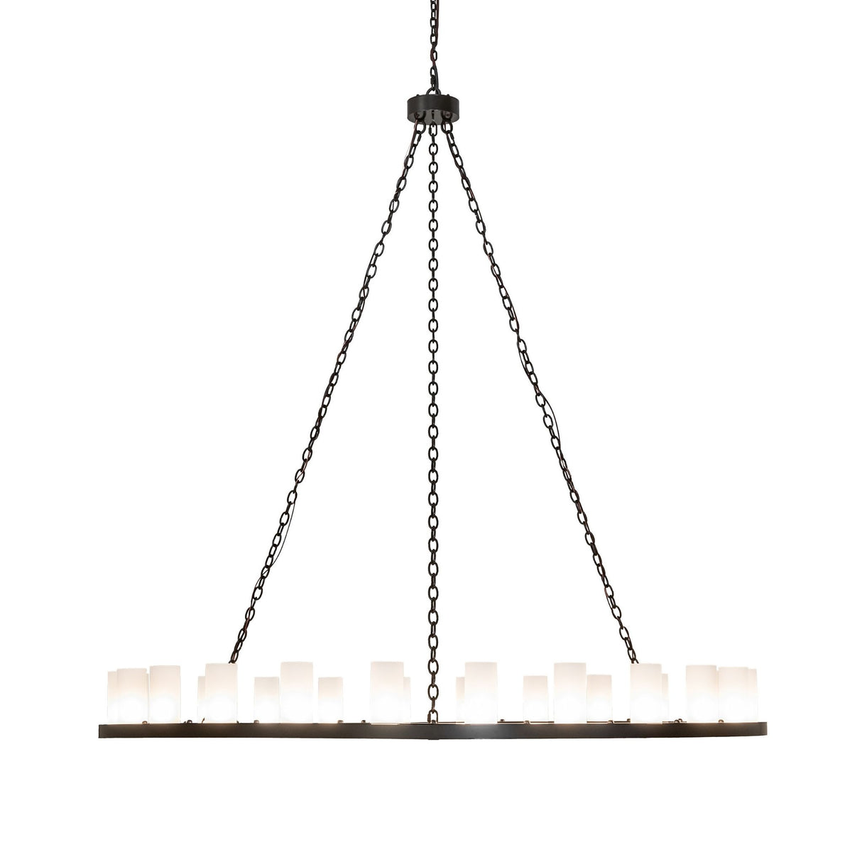 Side view of 24 light chandelier with timeless bronze ring frame and frosted glass cylinders.
