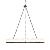Side view of 24 light chandelier with timeless bronze ring frame and frosted glass cylinders.