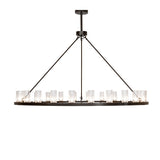 Side profile of chandelier showing slim bronze ring and evenly spaced glass cylinders.