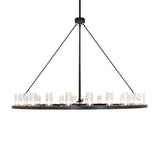 Side view of 24-light chandelier showing slim profile and evenly spaced glass cylinders.
