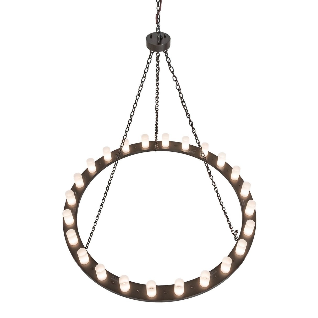 Top angle view of 24-light chandelier showing bronze ring and suspended chain details.