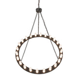 Top angle view of 24-light chandelier showing bronze ring and suspended chain details.