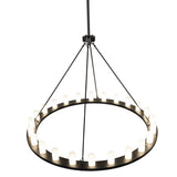 Top angle view of chandelier showing suspension rods and circular ring construction.
