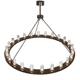 Top angle view of chandelier displaying suspension rods and circular bronze frame.