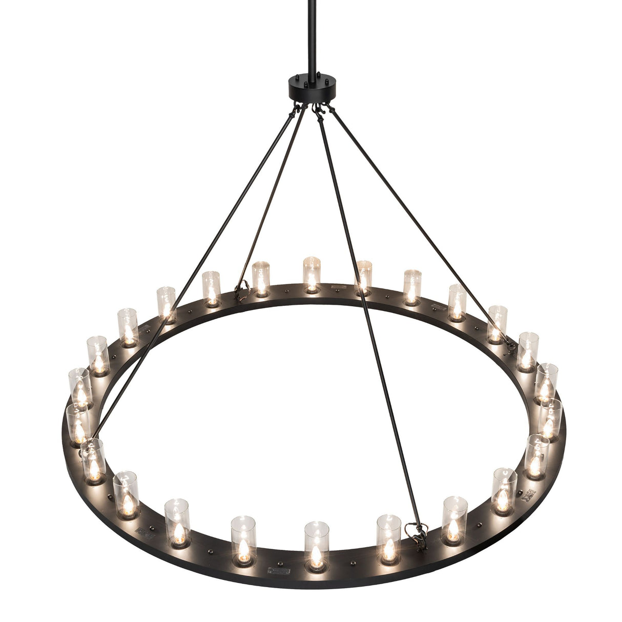 Top angle view of chandelier highlighting suspension rods and circular frame structure.
