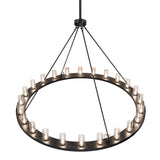 Top angle view of chandelier highlighting suspension rods and circular frame structure.