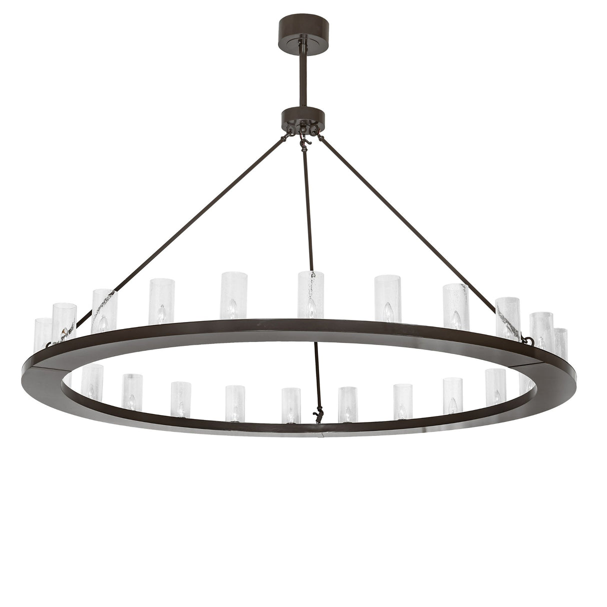Unlit view of circular chandelier showing bronze ring design and seeded glass cylinder arrangement.