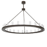 Unlit view of circular chandelier showing bronze ring design and seeded glass cylinder arrangement.