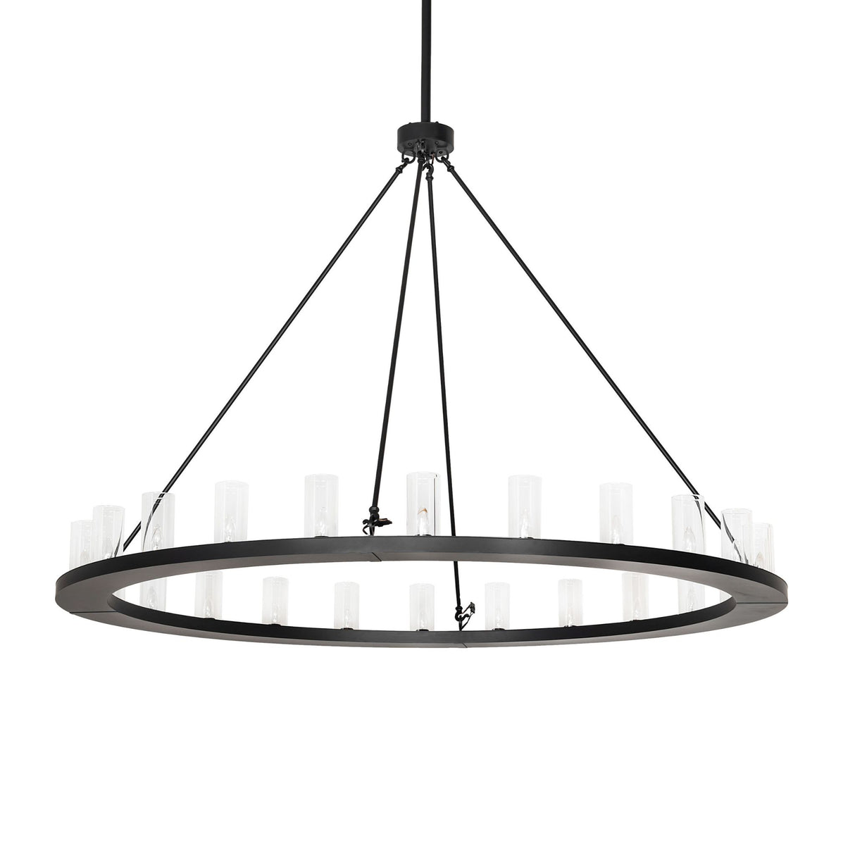 Unlit view of chandelier displaying clear glass cylinder shades and sleek solar black ring design.