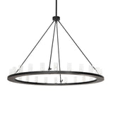 Unlit view of chandelier displaying clear glass cylinder shades and sleek solar black ring design.