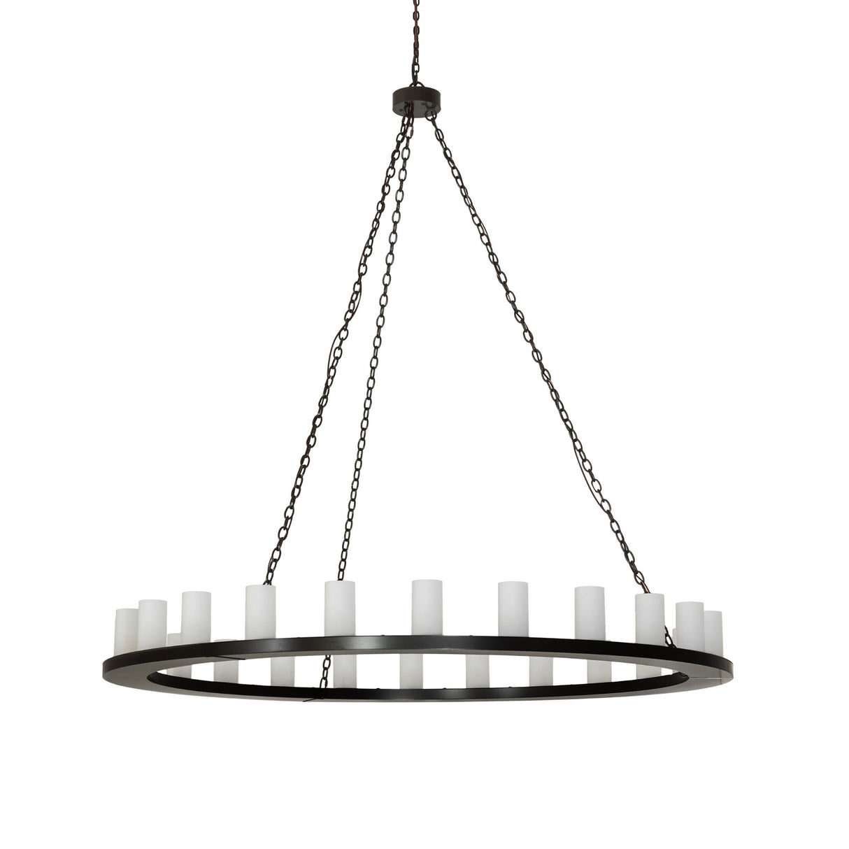 Unlit view of 24 light chandelier showing frosted clear glass cylinders and bronze frame.