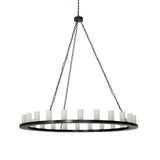 Unlit view of 24 light chandelier showing frosted clear glass cylinders and bronze frame.