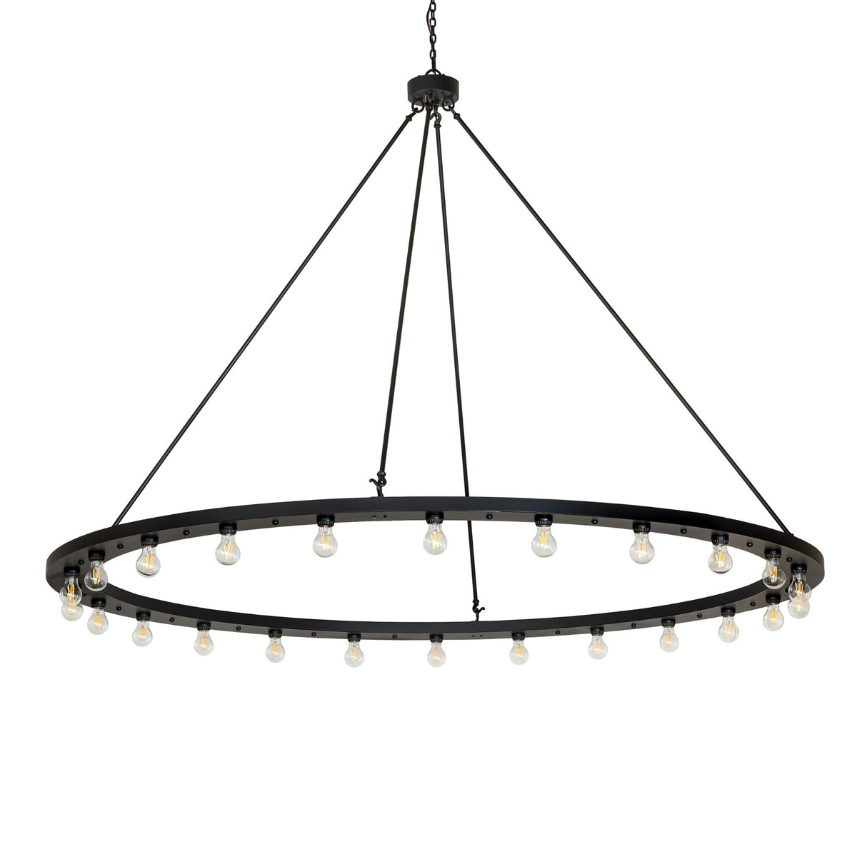 Unlit view of chandelier showing circular Solar Black metal frame and evenly spaced bulb sockets.