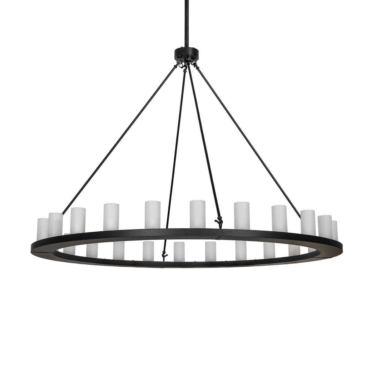 Loxley 24 light chandelier unlit showing frosted glass cylinders and circular metal frame.