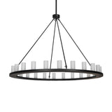 Loxley 24 light chandelier unlit showing frosted glass cylinders and circular metal frame.