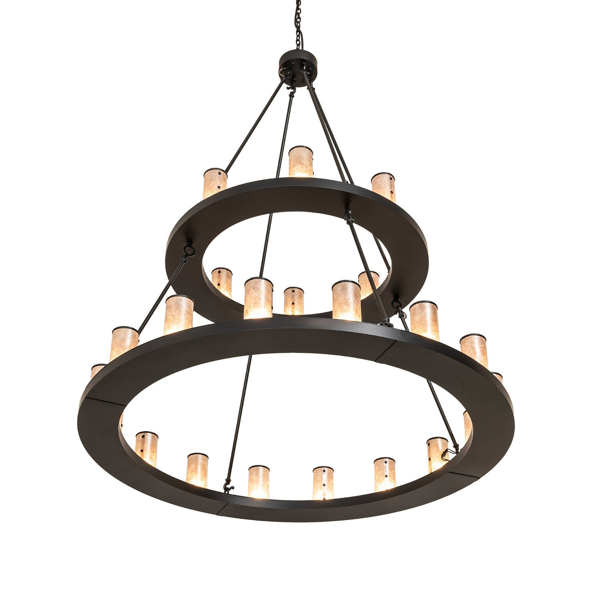 Bottom angle view of Loxley two tier chandelier with illuminated silver mica cylinders.