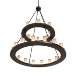 Bottom angle view of Loxley two tier chandelier with illuminated silver mica cylinders.