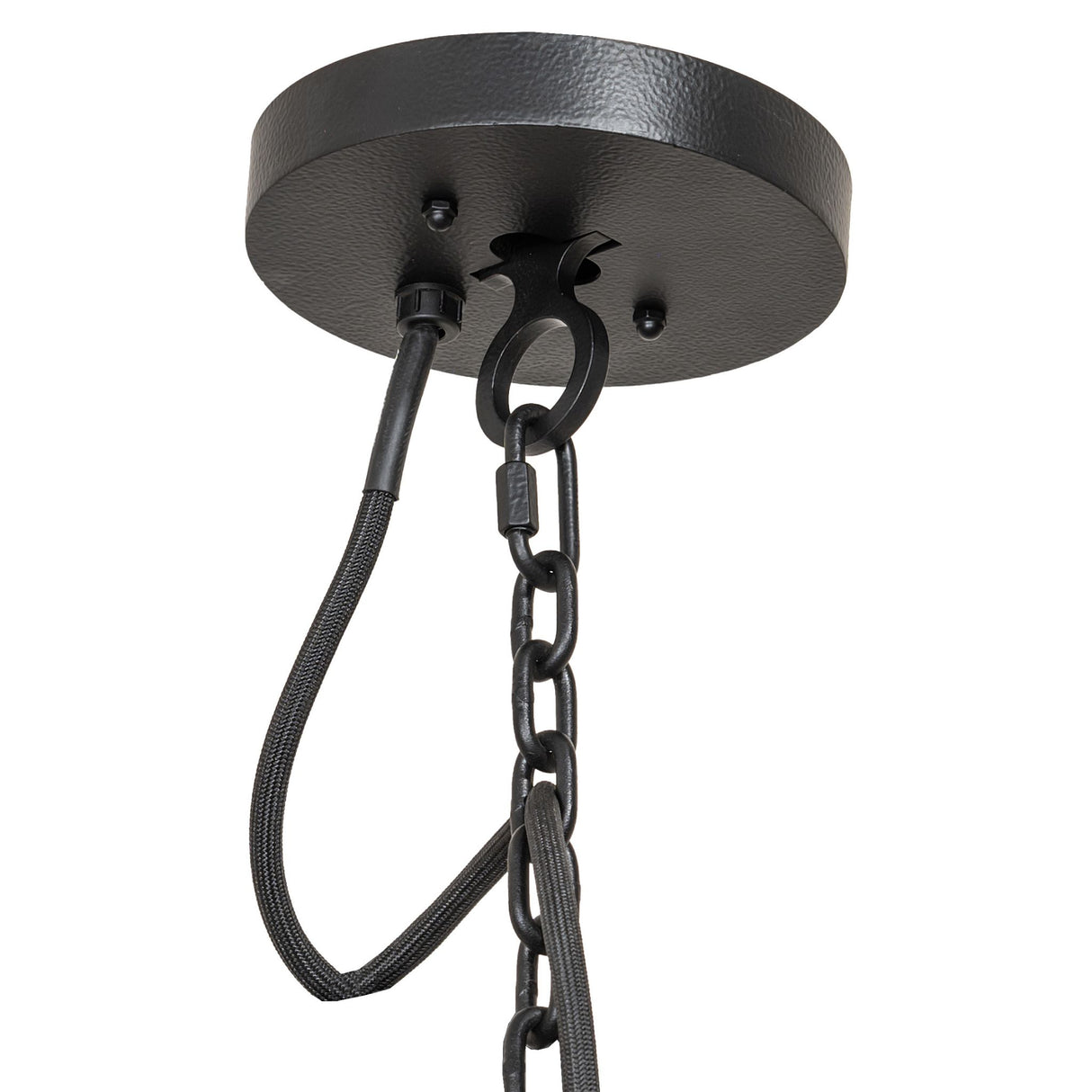 Closeup of black wrought iron ceiling canopy and chain on Loxley chandelier.