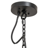 Closeup of black wrought iron ceiling canopy and chain on Loxley chandelier.