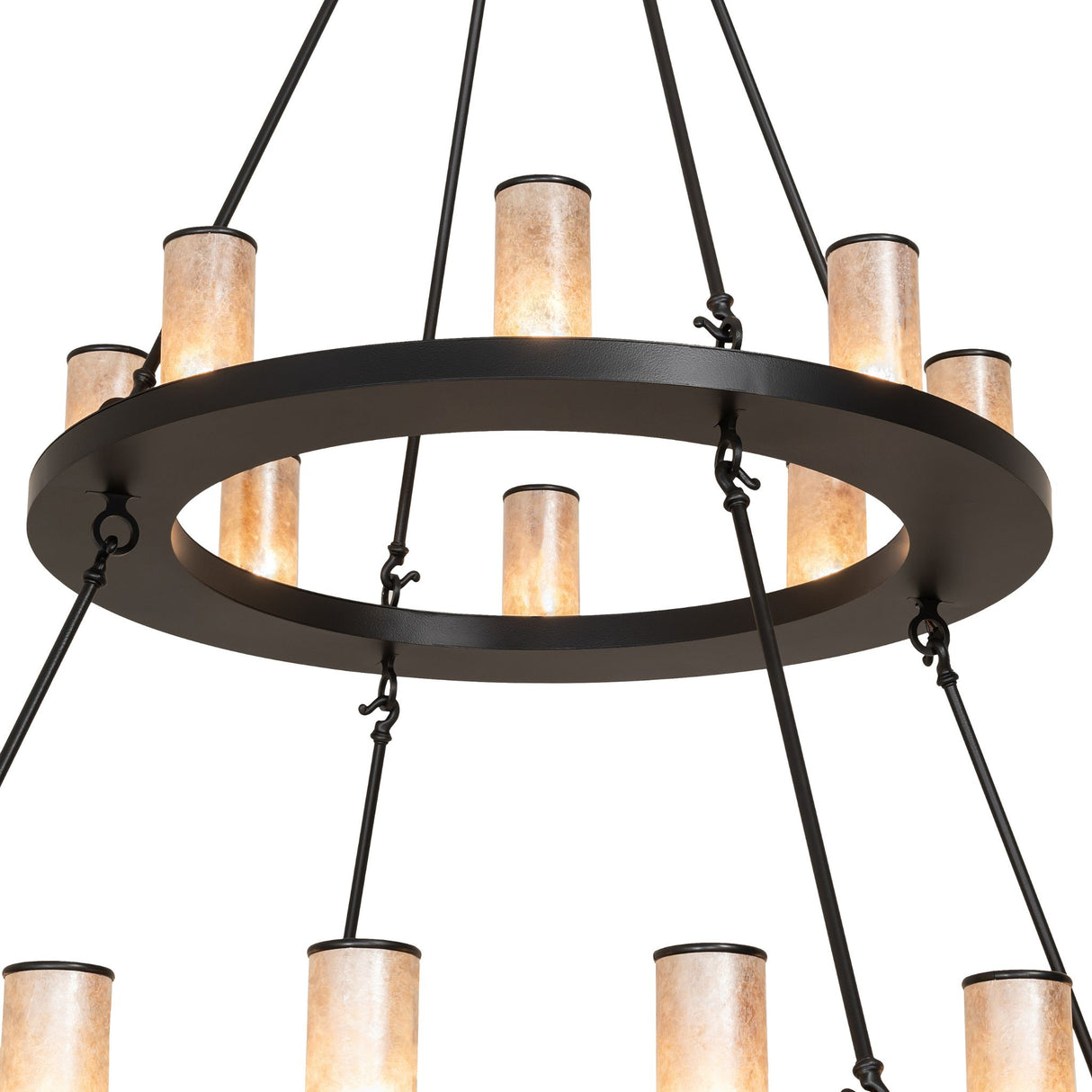 Close-up of Loxley chandelier wrought iron frame in black satin finish.