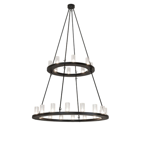 Two-tier black ring chandelier with 24 seeded glass cylinder lights illuminated.
