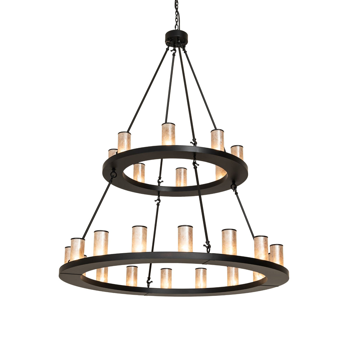 Loxley 24 light two tier chandelier lit with silver mica cylindre shades and black satin wrought iron finish.