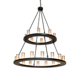 Loxley 24 light two tier chandelier lit with silver mica cylindre shades and black satin wrought iron finish.