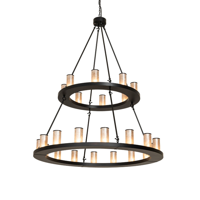 Loxley 24 light two tier chandelier lit with silver mica cylindre shades and black satin wrought iron finish.