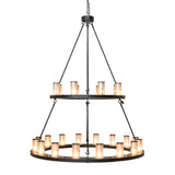 Side view of 24 light chandelier highlighting two tier design and vertical proportions.