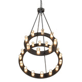 Top angle view of Ltwo tier chandelier showing layered metal frame and shade arrangement.