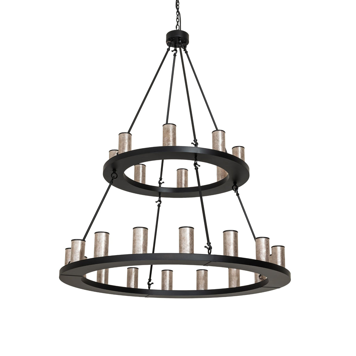 Loxley two tier chandelier unlit showing silver mica cylinders and black frame.