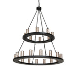 Loxley two tier chandelier unlit showing silver mica cylinders and black frame.